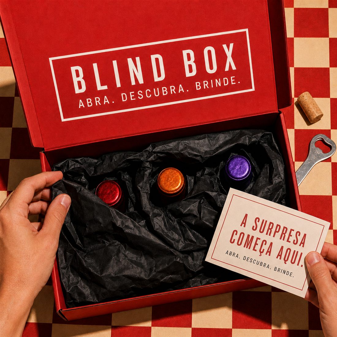 Blind Box aberta com três vinhos embalados